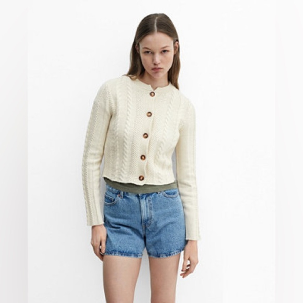 MANGO Buttoned Knit Braided Cardigan Sweater Ivory Cream Wool Blend Size XS